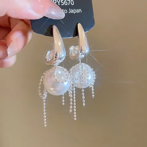 Elegant Artificial Pearl Tassel Drop Earrings With Silver Earring Post Beaded Chain Fringe Bow Design Fashion Jewelry For Women
