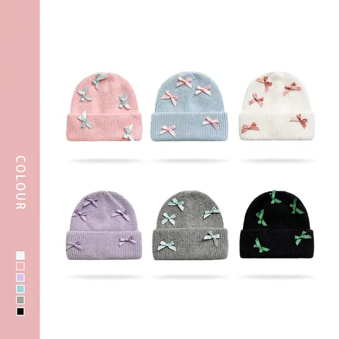 Knit Beanie Hat Rabbit Hair Warm Winter Outdoor Thick Soft Cap With Satin Bowknot Ribbon Sweet Fashion For Women