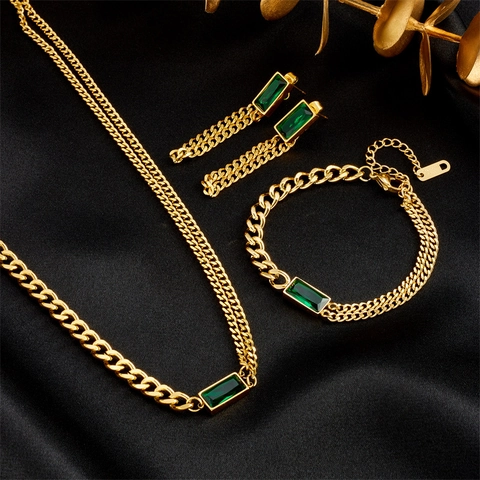Edelstahl Grüne Strass Halskette Armband Ohrringe Für Damen Vergoldet Rechteckige Smaragd Stil Mode Schmuck