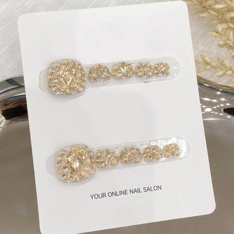 Handmade Press On Toenails Luxury Rhinestone Glitter Gold Foil Artificial Foot Nail Patches Elegant Style