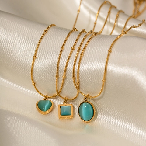 Stainless Steel Gold Plated Blue Cat Eye Stone Pendant Necklace Geometric Heart Square Oval Fashion Jewelry Women Gift