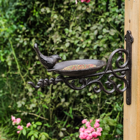 Cast Iron Bird Feeder Wall Mounted Bird Bath Vintage Scrollwork Outdoor Garden Decoration Heavy Duty Sculpture