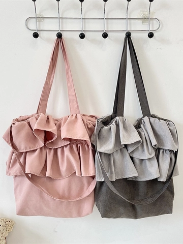 Koreanischer Stil Rüschen Schultertasche Wildleder Große Kapazität Süße Retro Tote Handtasche Für Frauen Studenten Alltagstasche