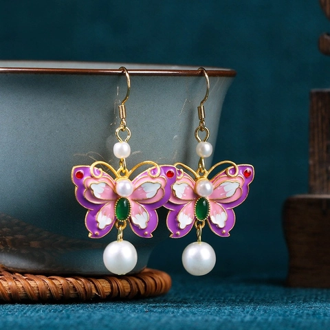 Vintage Chinese Style Enamel Butterfly Flower Dangle Earrings With 925 Sterling Silver Earring Post And Imitation Artificial Pearl