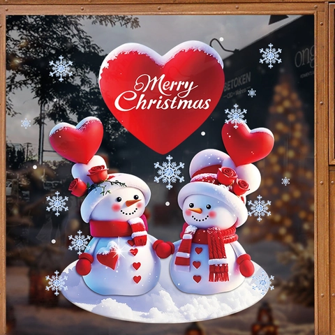 Christmas Window Stickers PVC Static Cling Merry Christmas Cute Snowmen Hearts Snowflakes Glass Door Shop Holiday Decor