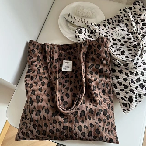 Borsa Tote In Velluto A Coste Con Stampa Leopardata Grande Capacità Motivo Animale Borsa A Spalla Da Donna Casual
