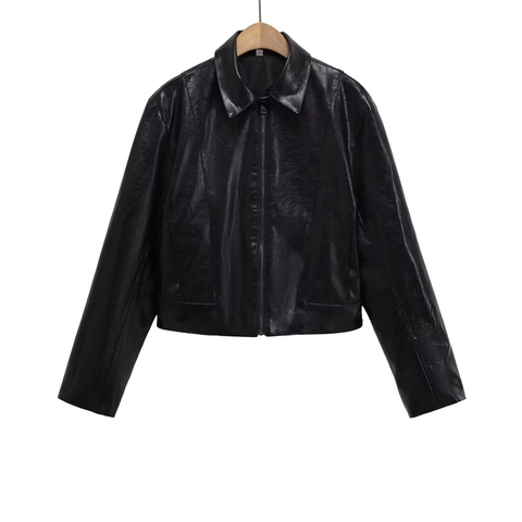 Damen Kunstlederjacke PU Kurz Schick Revers Langarm Reißverschluss Casual Outerwear Mode Einfarbig Slim Mantel