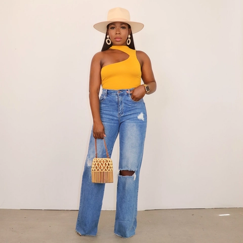 Women High Waisted Wide Leg Jeans Ripped Distressed Denim Washed Straight Pants Streetwear Casual Raw Hem