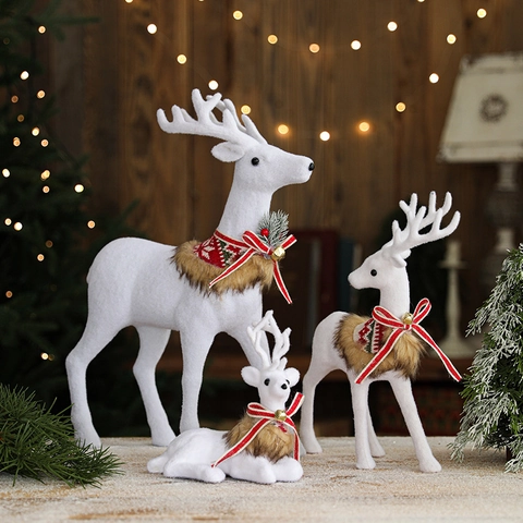 Christmas Reindeer Ornaments Flocked White Deer Figurines With Bell Bow For Holiday Home Desktop Decor
