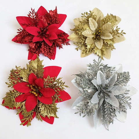 Glittery Artificial Christmas Poinsettia Flowers For Tree And Wreath Decor Festive Fabric Plastic Shimmering Ornament