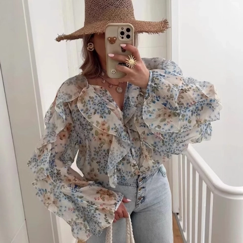 Women's Chiffon Blouse Elegant V-Neck Long Sleeve Layered Ruffle Button Up Floral Solid Color Tops