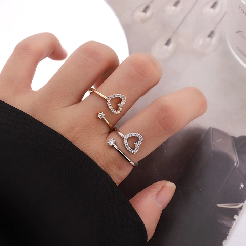 Heart Shaped Adjustable Open Ring Copper With Micro Pave Cubic Zirconia Elegant Fashion Jewelry For Women Gift