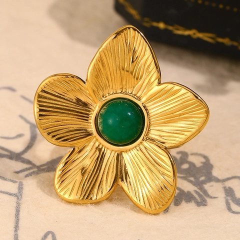 Bloem Open Ring 18K Verguld Roestvrij Staal Met Groene Steen Vintage Verstelbare Oversized Sieraden Voor Dames