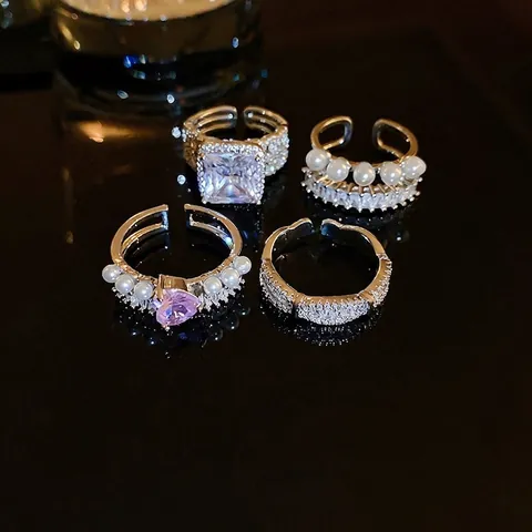 Fashion Zircon Faux Artificial Pearl Open Rings Hollow Heart Square Geometric Adjustable Jewelry For Women