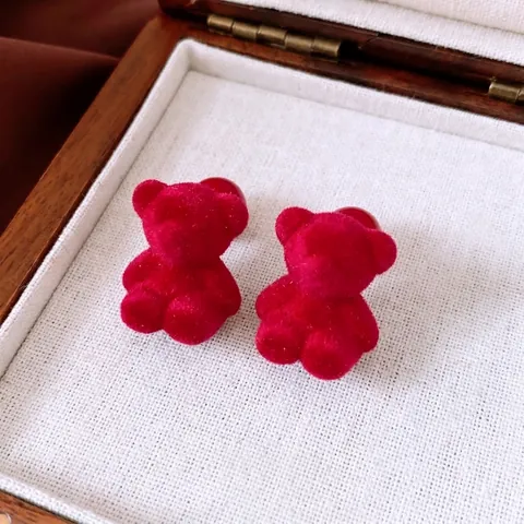Cute Flocked Bear Stud Earrings Red Velvet Acrylic Unique Design Women With 925 Sterling Silver Earring Post