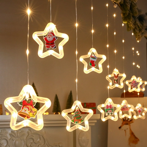 Christmas Star LED Icicle Curtain Lights With PS Plastic Santa Claus Reindeer Patterns 8 Modes Remote Control USB Battery