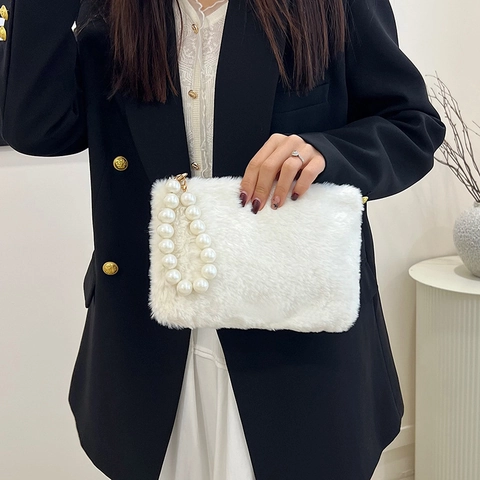Faux Fur Plüsch Quadratische Handtasche Mit Elegantem Künstliche Perlengriff Süße Winter Mode Clutch Für Damen
