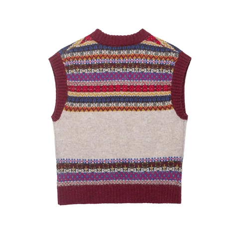 Women Retro V Neck Knitted Vest Vintage Horse Jacquard Sleeveless Sweater Fair Isle Knitwear Top Wine Red