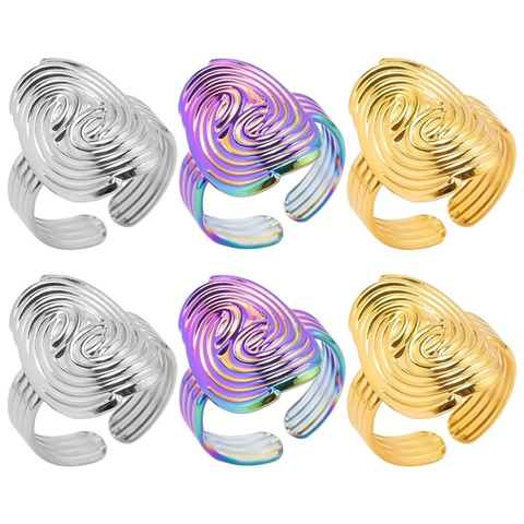 Spiral Textur Verstellbarer Edelstahl Ring Fingerabdruck Wirbel Geometrisch Oval Statement Schmuck