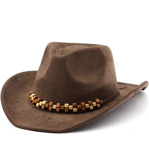 Western Cowboy Hat Faux Suede Wide Brim Vintage Fedora With Wooden Beads Decoration For Men Women Bohemian Style