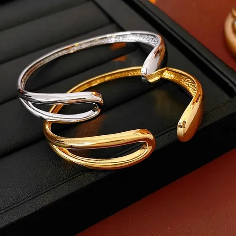 Open Cuff Bracelet Copper Real Gold Plated Minimalist Teardrop Hollow Geometric Adjustable Bangle For Women