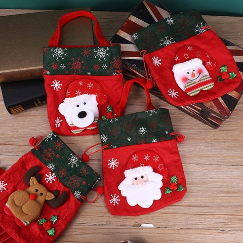 Christmas Gift Bag Brushed Fabric Candy Tote Cartoon Santa Snowman Reindeer Snowflake Pattern Holiday Party Decor