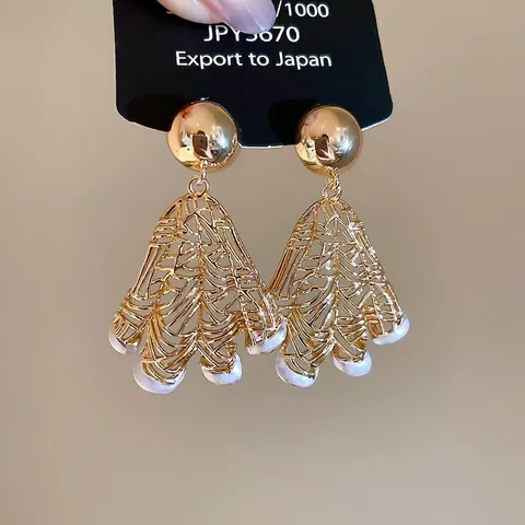 Pendientes Colgantes Huecos En Forma De Abanico Con Perla Artificial De Imitación Y Poste De Plata De Ley 925 Vintage Para Mujer