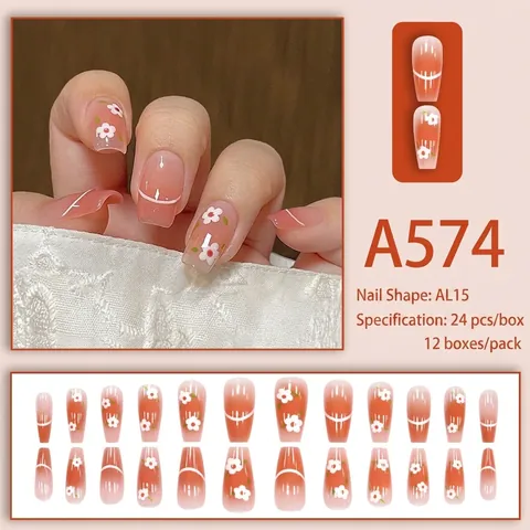 Press On Nägel Pink Pfirsich Farbverlauf Weißes Blumen Design Süß INS Stil Künstliche Falsche Nagelspitzen Mit Kleber