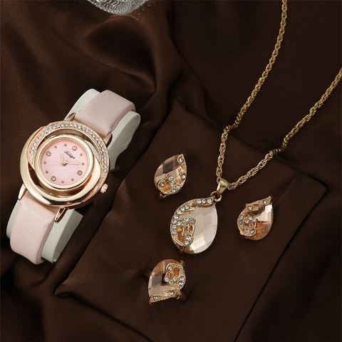 Luxury Rhinestone Women's Watch Jewelry Alloy Quartz Watch Water Drop Necklace Earrings Ring PU Leather Strap Fashion Accessories