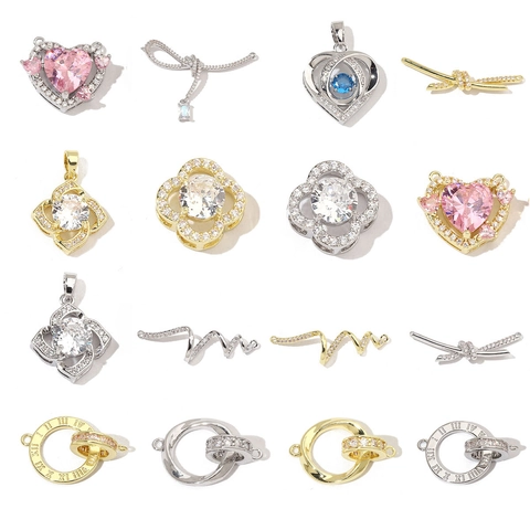 Sparkling Heart Four-Leaf Clover Bow Pendants Copper Zircon Charms For DIY Jewelry Making Accessories Fashion Elegant Women