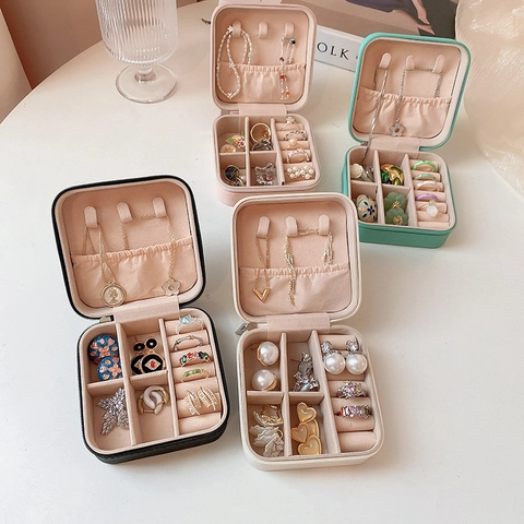 Portable Jewelry Organizer Box PU Leather Small Travel Case For Rings Earrings Necklaces Zipper Storage Compact Luxury