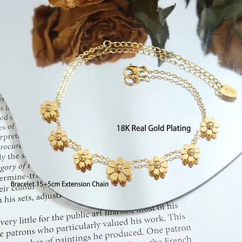 Bracciale Fiore Di Margherita Per Donna Acciaio Al Titanio Placcato Oro 18K Elegante Stile Ins Catena A Maglia Regolabile