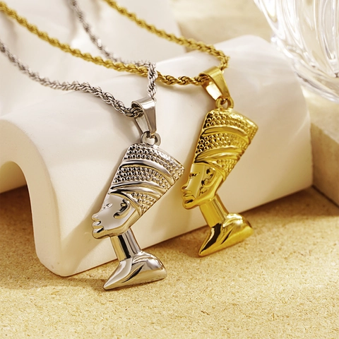 Vintage Ägyptische Königin Nofretete Porträt Anhänger Halskette Für Damen Edelstahl Galvanisierte Seilkette Schmuck
