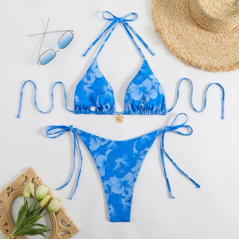 Hibiscus Floral Halter Triangle Bikini Top And Side Tie Bottoms With Metal Flower Charm Polyester Spandex Women Swimsuit