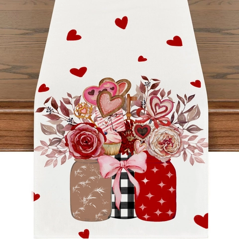Leinen Valentinstag Tischläufer Herz Rose Einmachglas Druck Romantischer Nordischer Stil Esstischdecke Für Hochzeit Party Heimdekoration