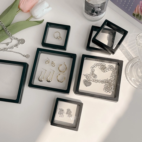 PE Film Suspension Jewelry Display Box Floating Storage Case Anti-Oxidation Portable Square Plastic Holder For Rings Earrings
