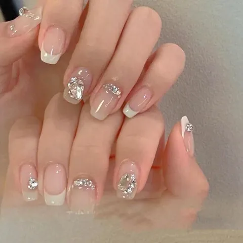 Handmade Press On Nails French Nude Pink White Tips Rhinestone Square Round Reusable Artificial False Nails For Women