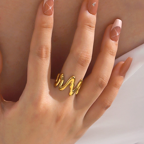 Anello Aperto A Onda Irregolare Acciaio Inossidabile Placcato Oro 18K Minimalista Stile Lava Fluida Gioielli Regolabili