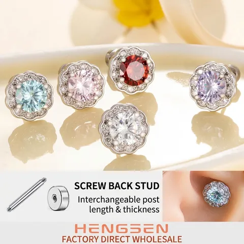 Flower Cubic Zirconia Stud Earrings Titanium Steel Screw Back Halo Floral Ear Bone Piercing For Women