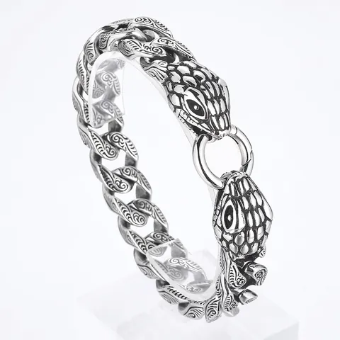 Pulsera De Doble Cabeza De Serpiente Acero Inoxidable 316L Plata Antigua Cadena Cubana Punk Gótico Grabado Floral Hombres