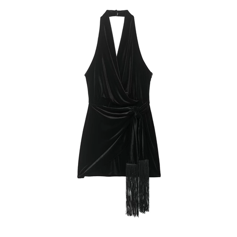 Samt Halter Mini Kleid Mit Fransen Tassel Rückenfrei Bodycon Party Clubwear Für Frauen Sexy Ärmellos Wrap