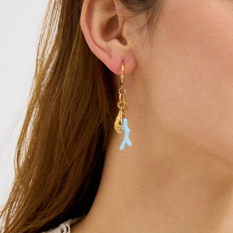 Boucles D'oreilles Créoles Asymétriques Océan Étoile De Mer Coquillage Corail Bleu Acier Inoxydable Étanche Bijoux De Plage