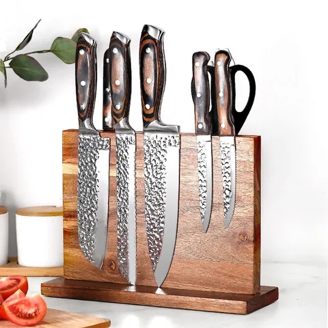 Magnetic Knife Holder Acacia Wood Double Sided Universal Knife Block Detachable Stand For Kitchen Countertop Storage
