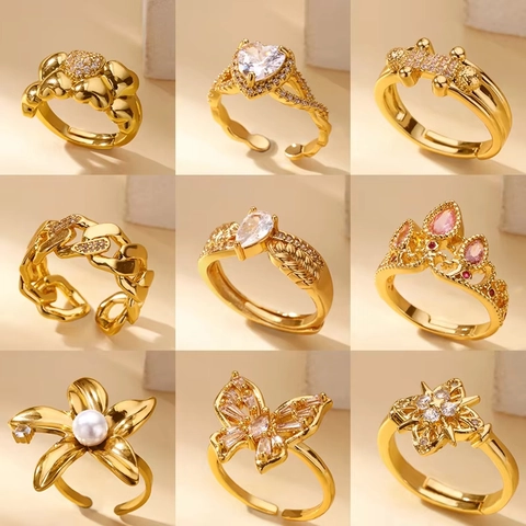 Copper Zirconia Artificial Pearl Open Ring For Women Adjustable Flower Heart Butterfly Bowknot Gold Silver Ring Jewelry