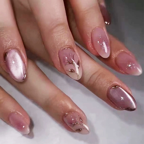 Unghie Finte Almond Cat Eye Rosa Rosa Motivo Floreale Rimovibile Unghie Finte ABS Manicure DIY Elegante Donne