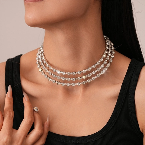 Collier Ras Du Cou Multi Rangs Strass Base Cuivre Géométrique Circulaire Exagéré Luxe Bijoux De Fête Femme