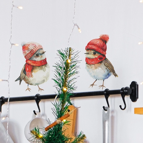 Pegatinas De Ventana De Navidad Pájaros Acuarela Con Gorros Y Bufandas Rojas Decoración Hogar Vidrio
