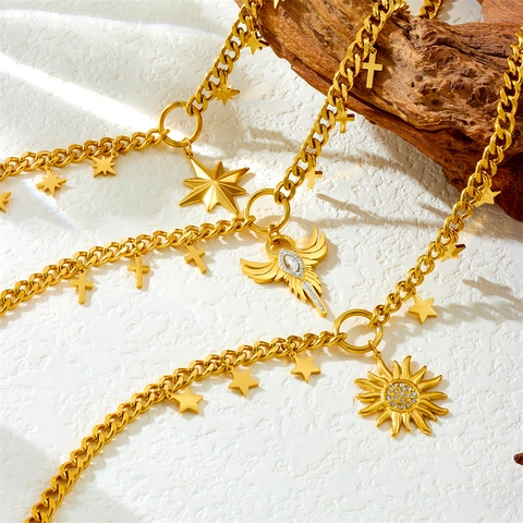 Collana In Acciaio Inossidabile Placcato Oro Catena Cubana Spessa Pendenti Sole Stella Ala D'Angelo Croce Gioielli Moda
