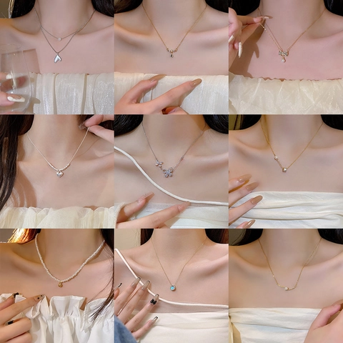 Stainless Steel Butterfly Bow Heart Pendant Necklace For Women Elegant Zircon Shell Inlaid Clavicle Chain Jewelry Accessory Gift