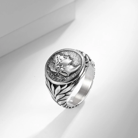 Anillo De Sello Con Retrato De César Romano Vintage De Acero Inoxidable Relieve Moneda Hoja Laurel Joyería Punk